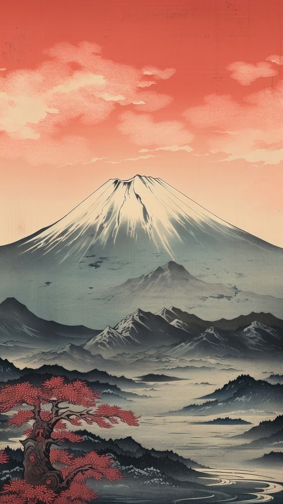 Japanese wood block print illustration of fuji mountain landscape outdoors volcano.