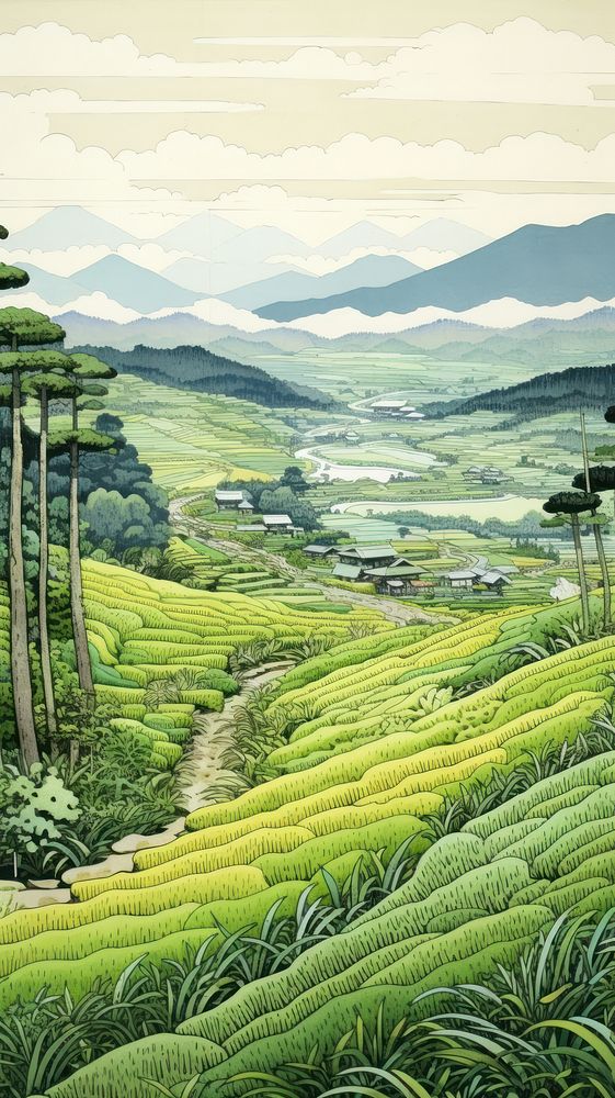 Japanese wood block print illustration of rice field agriculture vegetation landscape.