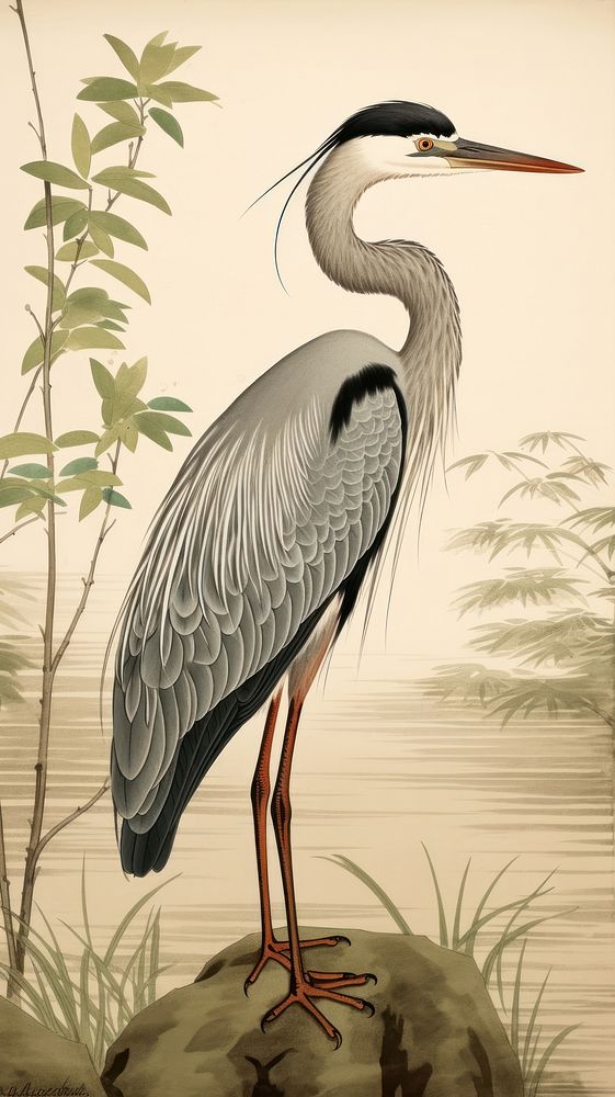 Japanese wood block print illustration of heron animal stork plant.