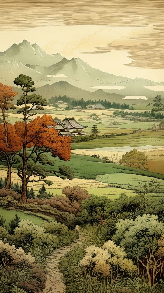 Japanese wood block print illustration of countryside landscape outdoors painting.