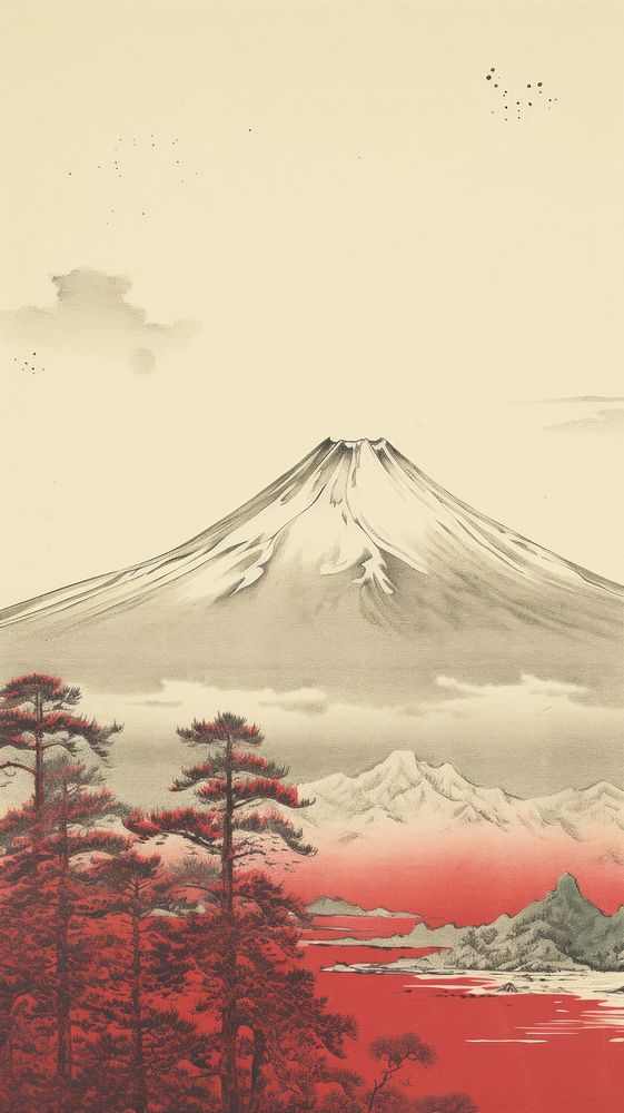 Japanese wood block print illustration of mout fuji landscape mountain outdoors.