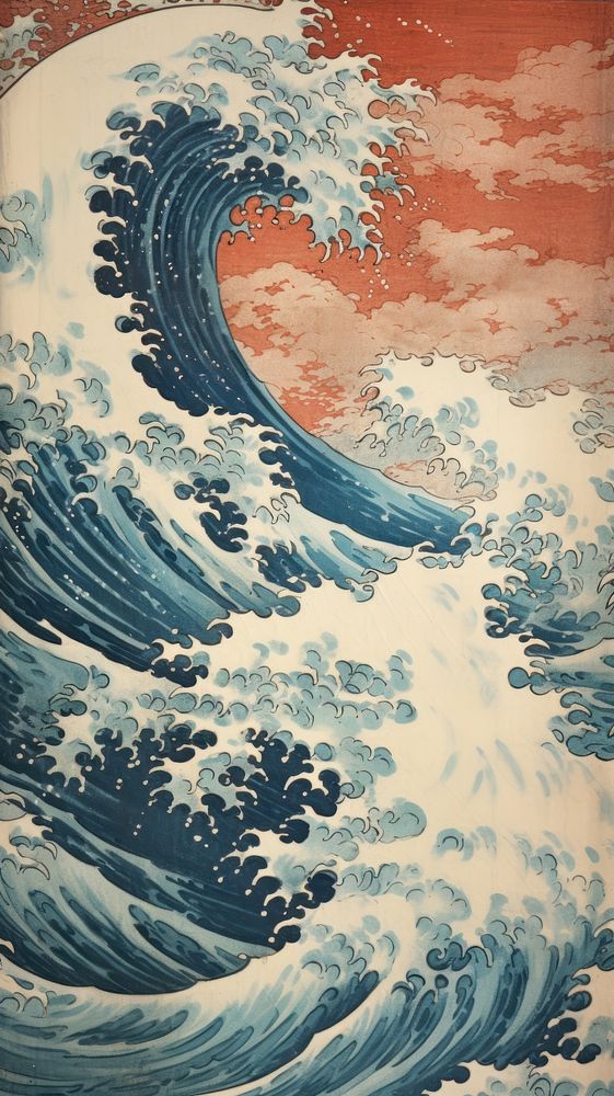 Japanese wood block print illustration of hurricane painting pattern nature.