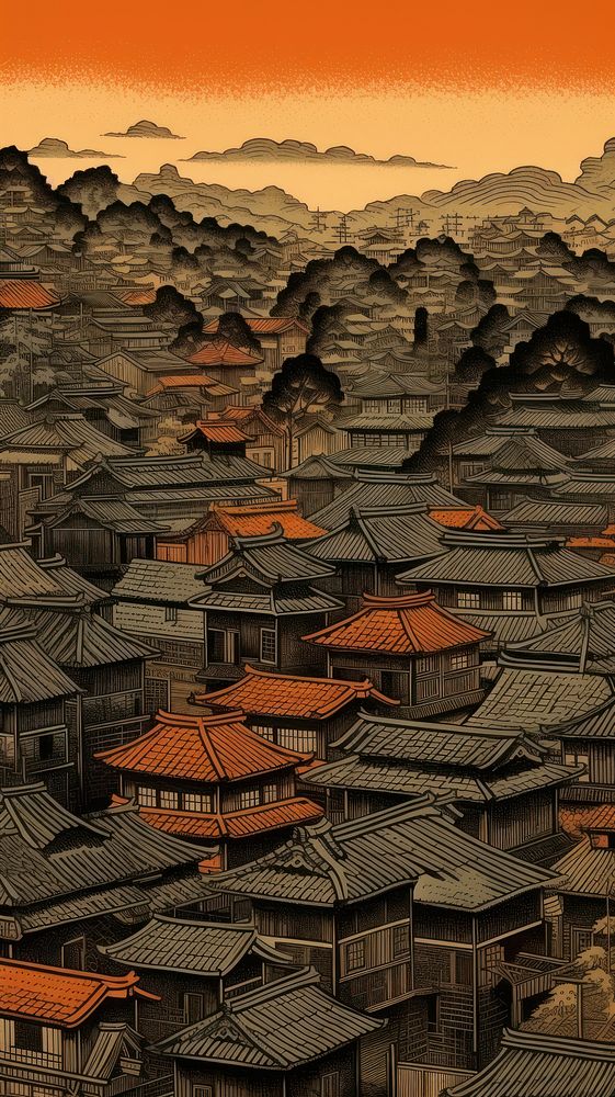 Japanese wood block print illustration of town architecture building outdoors.