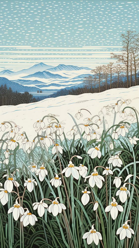 Japanese wood block print illustration of snowdrop flower field outdoors nature plant.