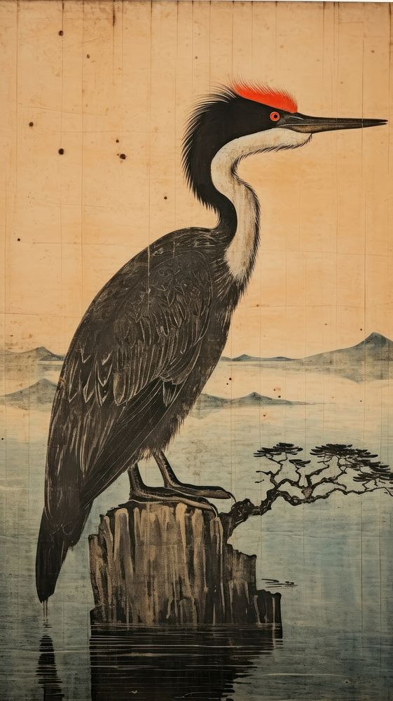 Japanese wood block print illustration of cormorant painting animal bird.