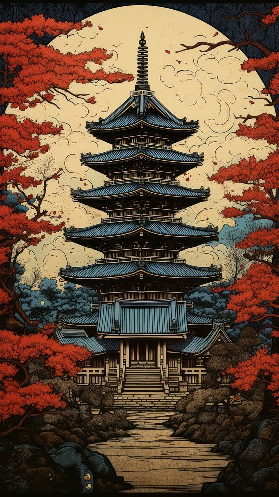 Japanese wood block print illustration of temple architecture tradition building.