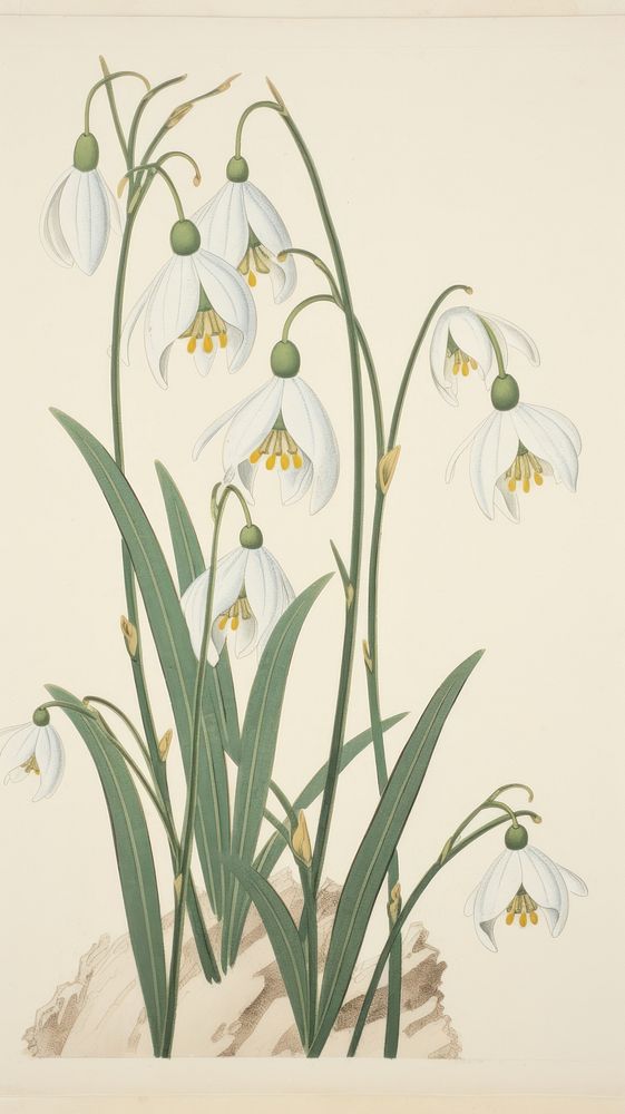 Japanese wood block print illustration of snowdrop flower plant amaryllidaceae fragility.