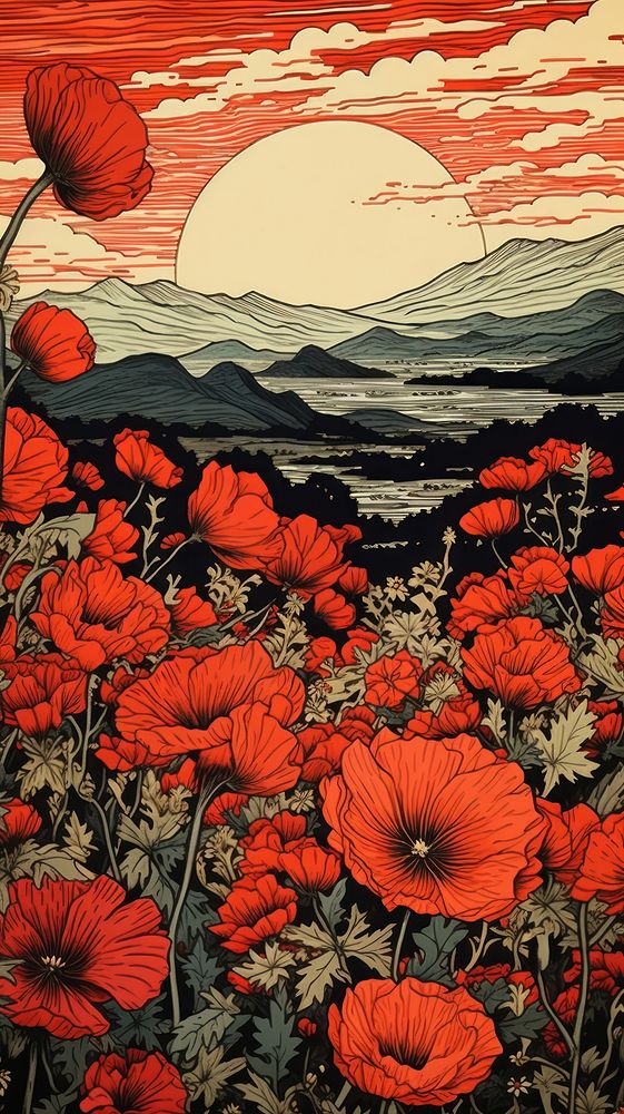 Japanese wood block print illustration of flower field poppy plant art.