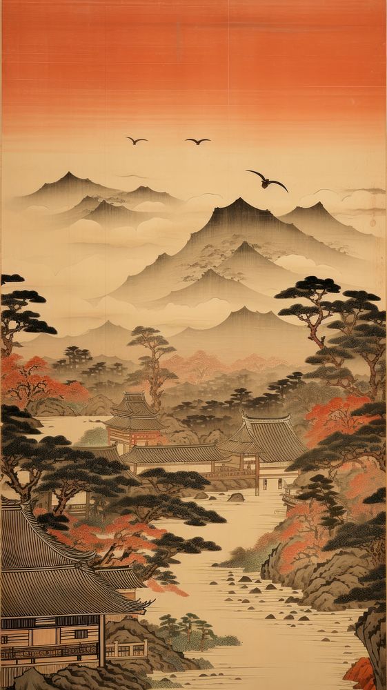 Japanese wood block print illustration of japanese village landscape outdoors painting.