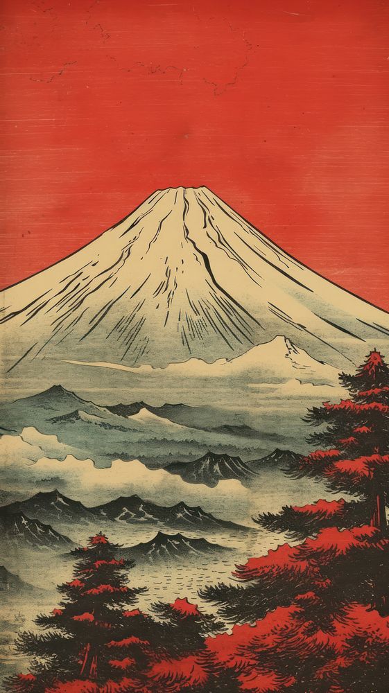 Japanese wood block print illustration of fuji mountain outdoors painting volcano.
