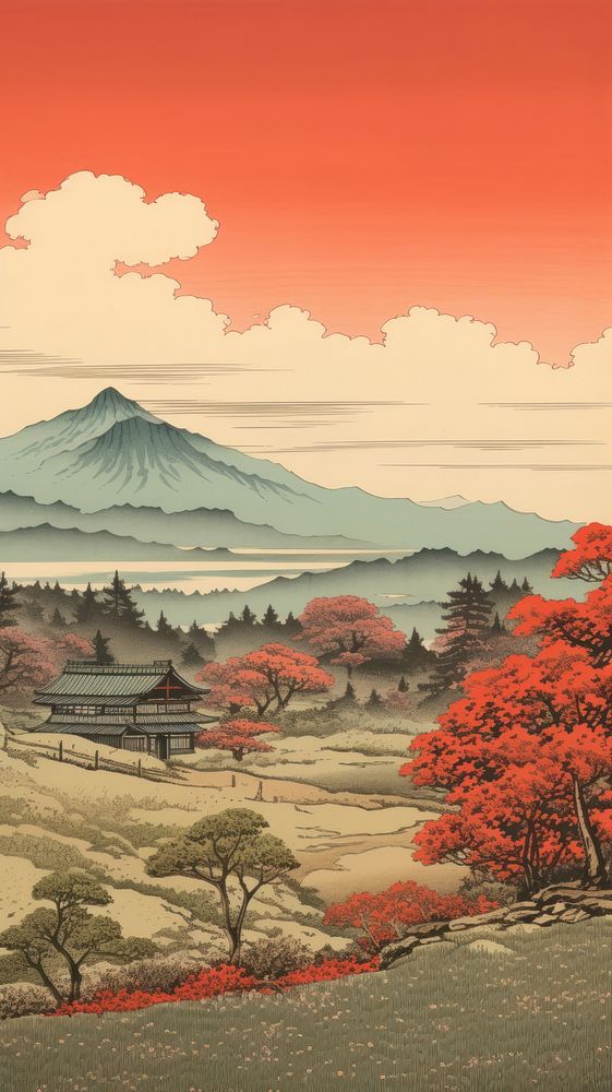 Japanese wood block print illustration of countryside landscape outdoors nature.