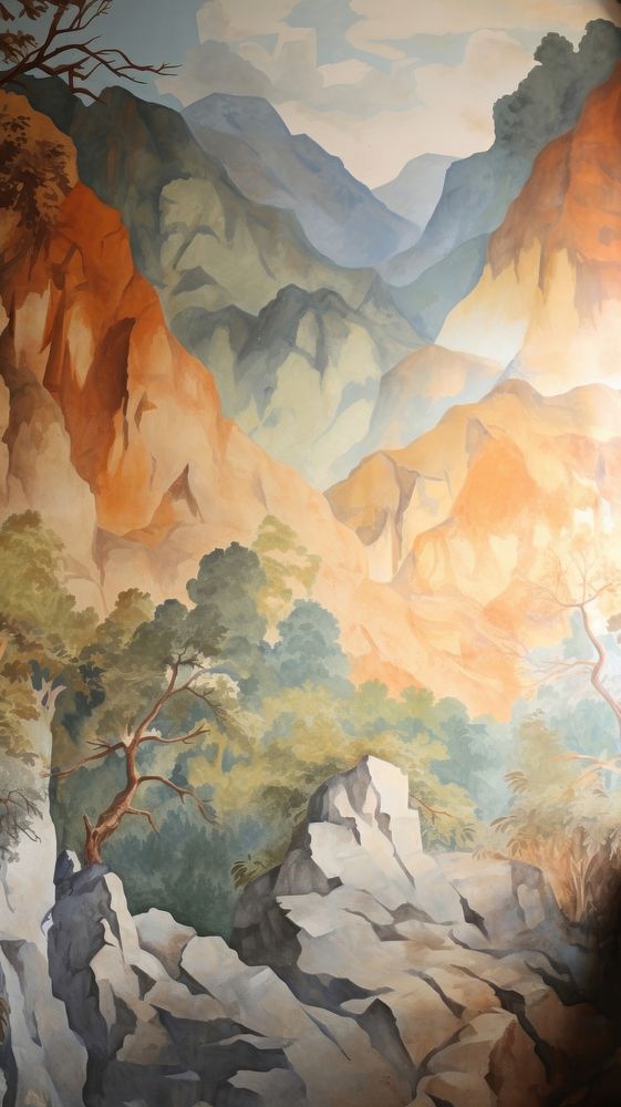 Mural with some paint on it wilderness mountain painting.