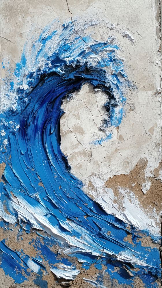 Blue wave with some paint on it painting rough wall.