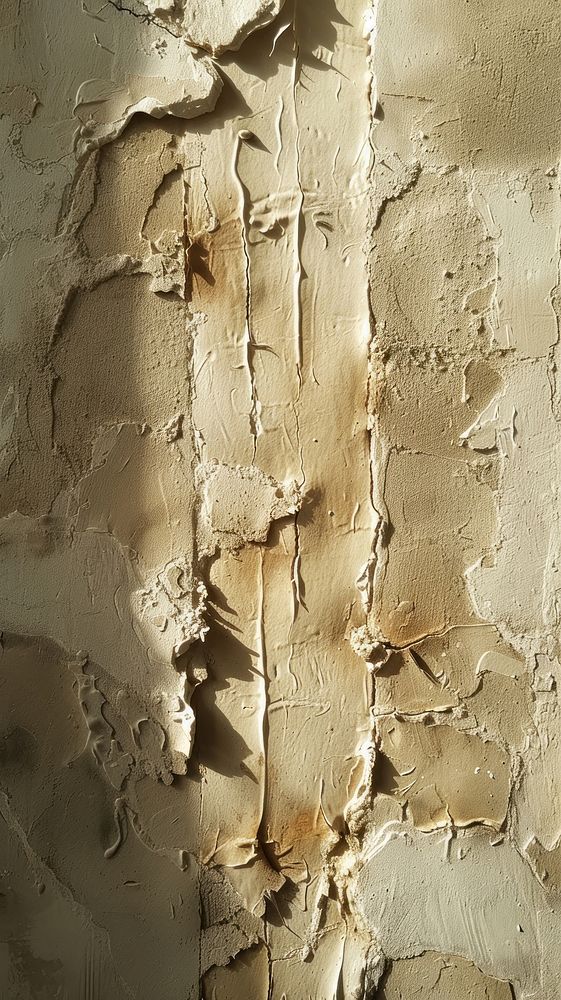 Vertical line beige pattern with some paint on it plaster rough wall.