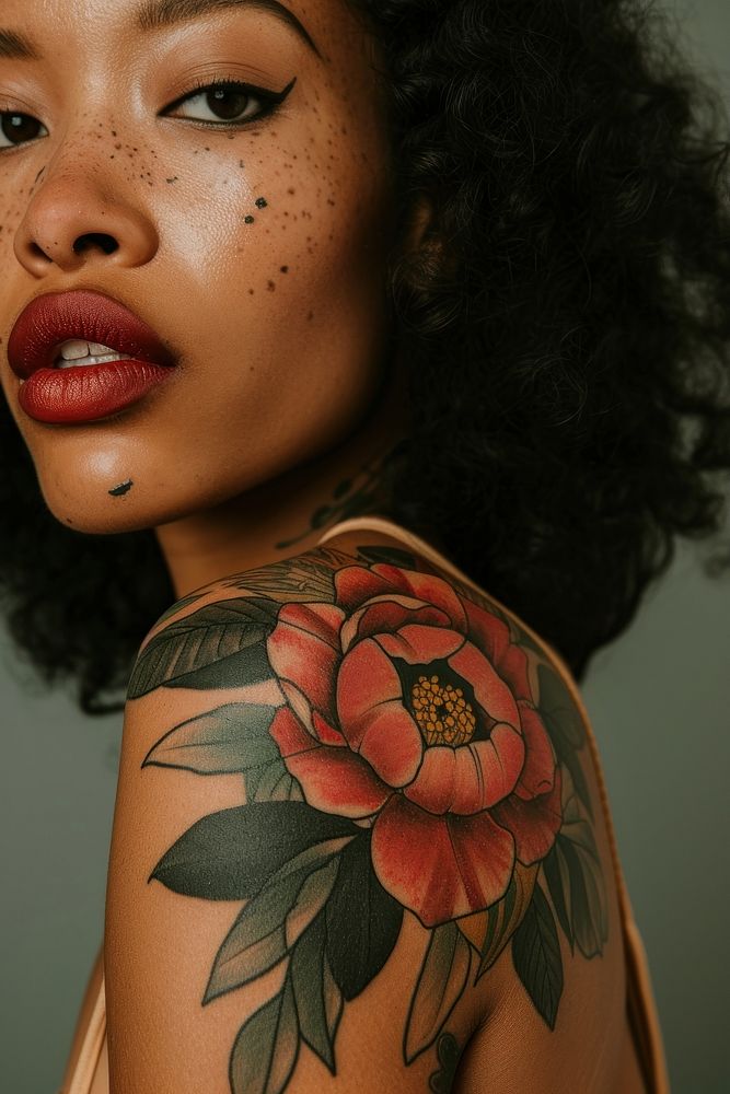 Photo of a black female upper arm with flower tattoo skin individuality hairstyle.