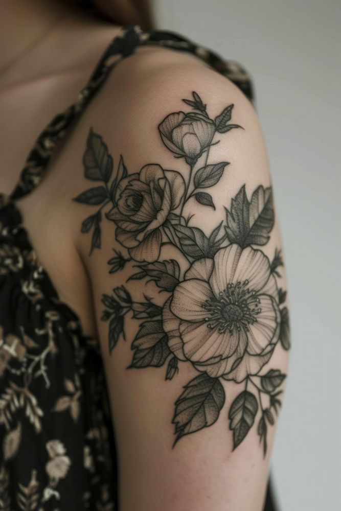 Photo of a female upper arm with flower tattoo individuality creativity midsection.