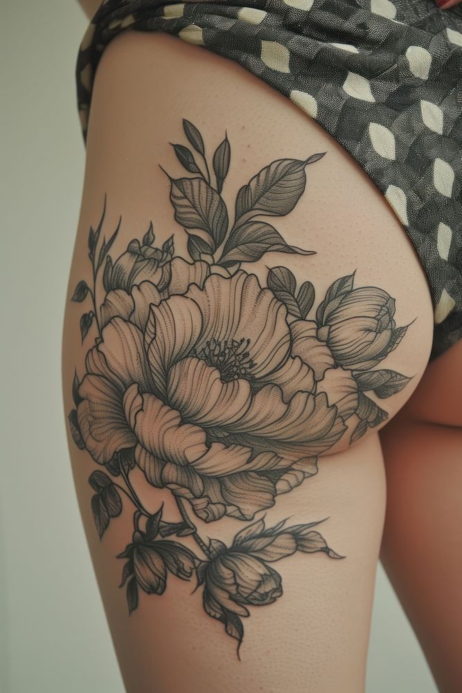 Photo of a female upper leg with flower tattoo creativity midsection freshness.