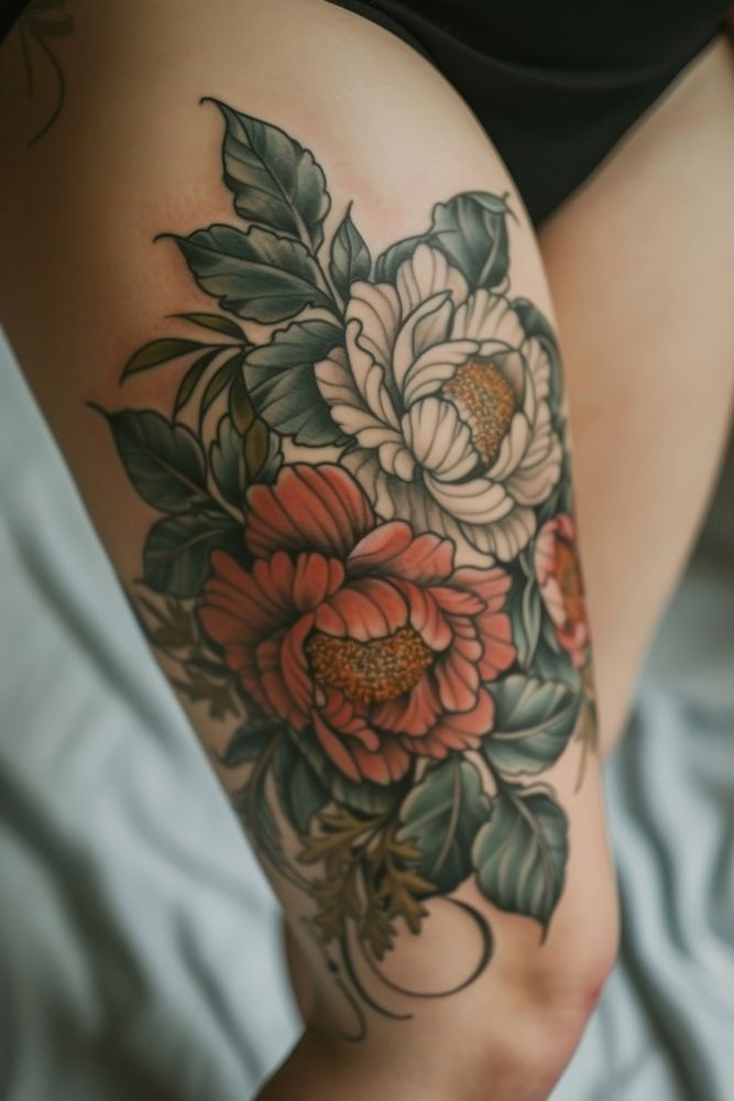 Photo of a female upper leg with flower tattoo individuality creativity midsection.
