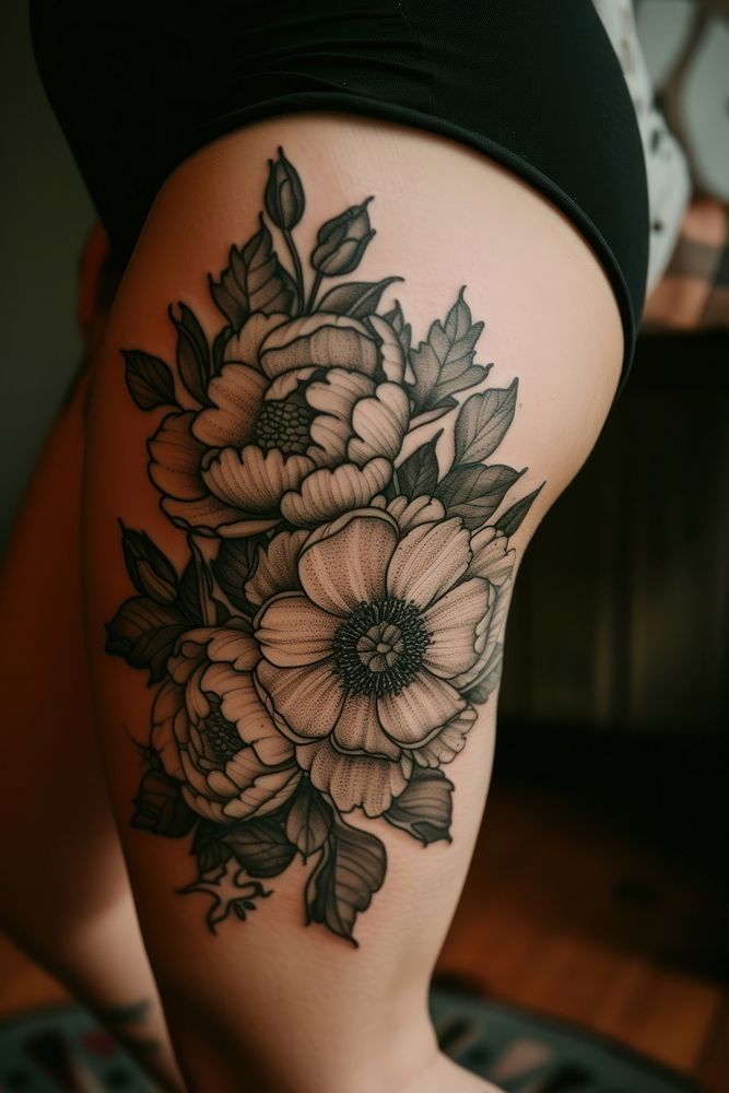 Photo of a female upper leg with flower tattoo midsection creativity monochrome.