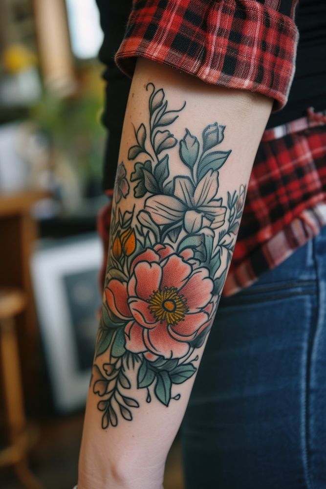 Photo of a female arm with flower tattoo individuality creativity midsection.