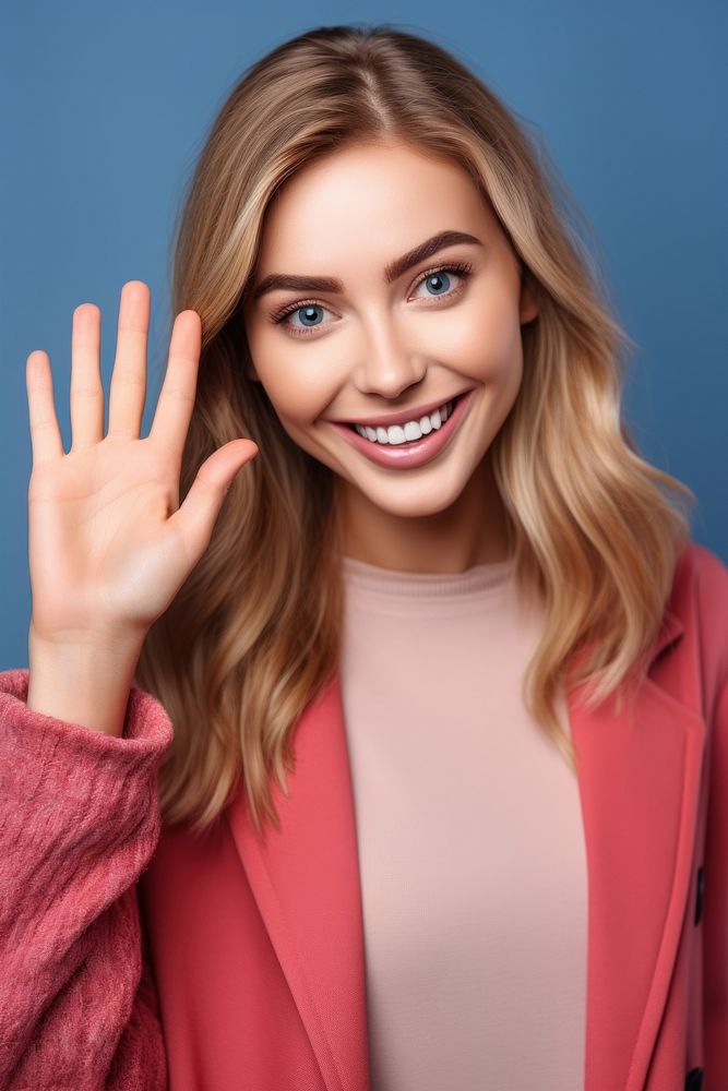 Young optimistic woman wear pink stylish portrait showing finger.