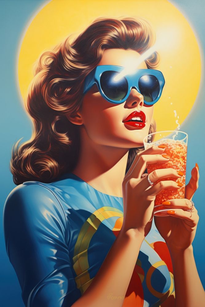 A lady sipping soda water sunglasses portrait drinking.