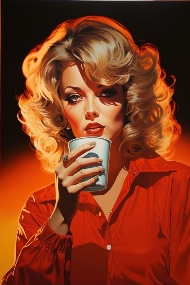 A lady sipping coffee art painting portrait.