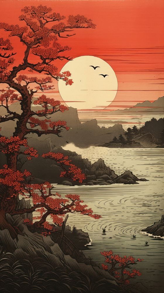 Japanese wood block print illustration of bay landscape outdoors nature.
