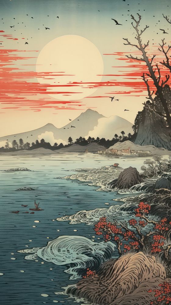 Japanese wood block print illustration of bay landscape mountain outdoors.