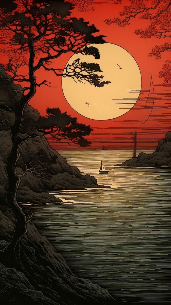 Japanese wood block print illustration of bay outdoors sunset nature.