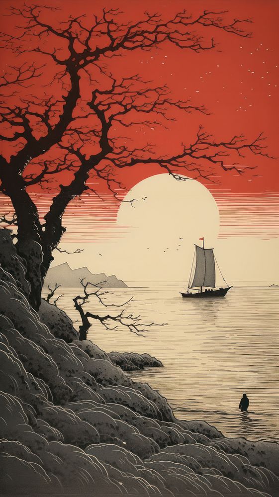 Japanese wood block print illustration of bay sailboat painting outdoors.