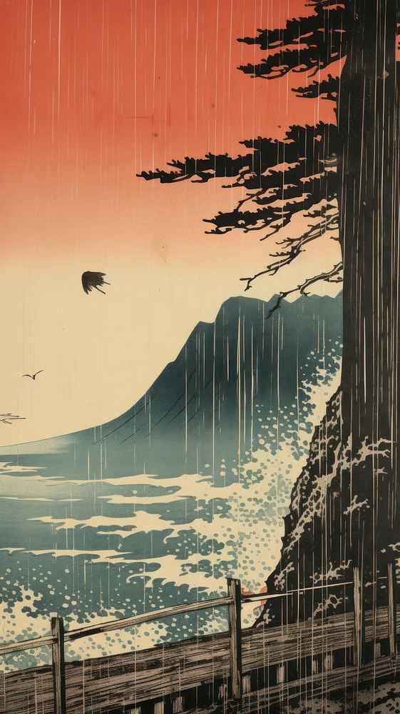 Japanese wood block print illustration of bay outdoors nature tree.
