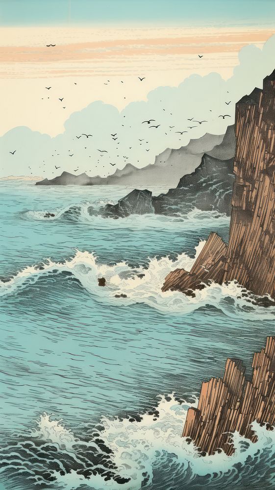 Japanese wood block print illustration of bay outdoors horizon nature.