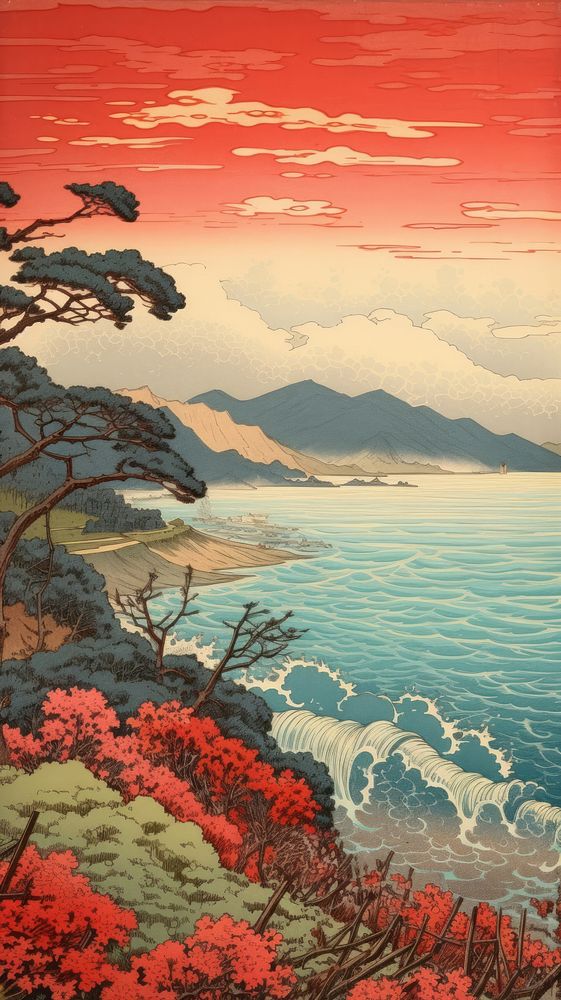 Japanese wood block print illustration of bay landscape outdoors painting.