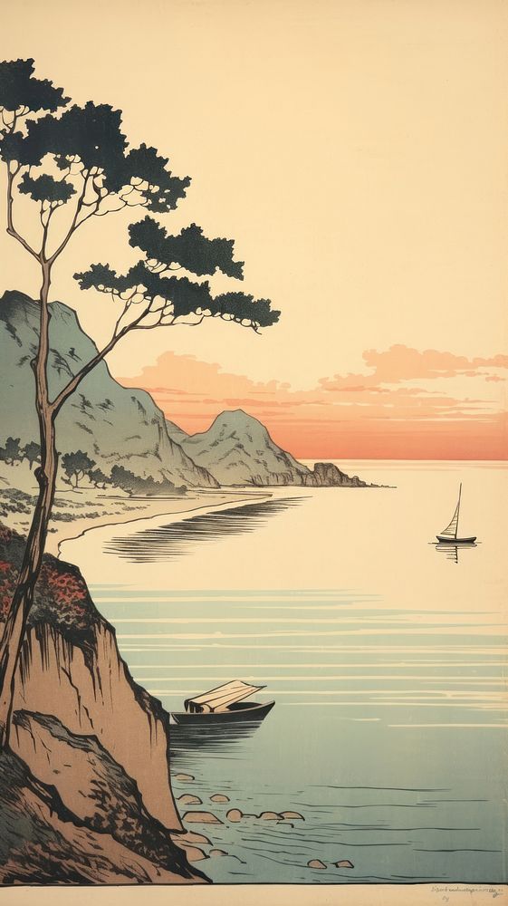 Japanese wood block print illustration of bay landscape sailboat outdoors.