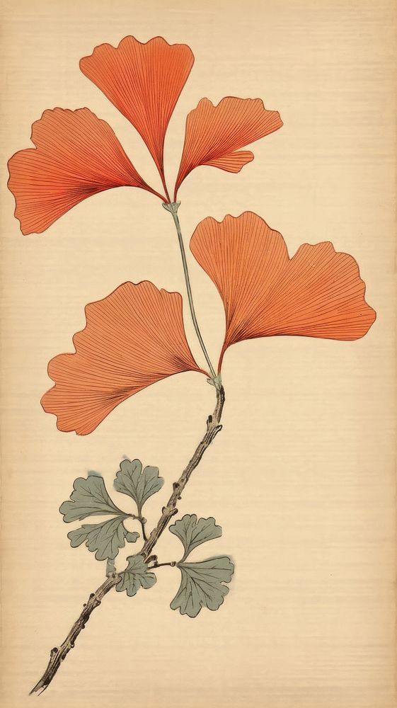 Japanese wood block print illustration of ginkgo leaf flower plant fragility.