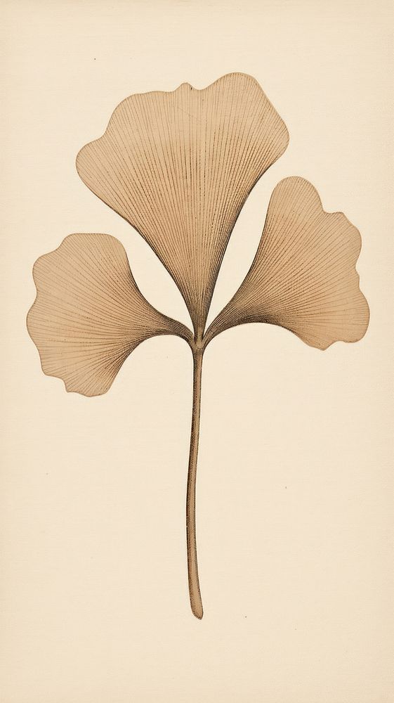Japanese wood block print illustration of ginkgo leaf plant art calligraphy.