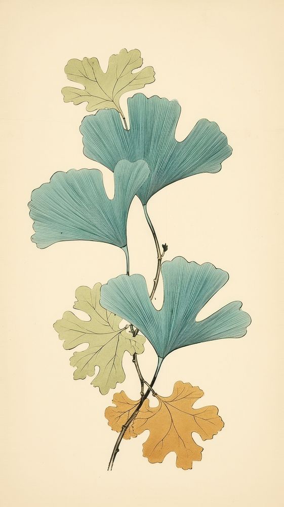 Japanese wood block print illustration of ginkgo leaf drawing sketch plant.