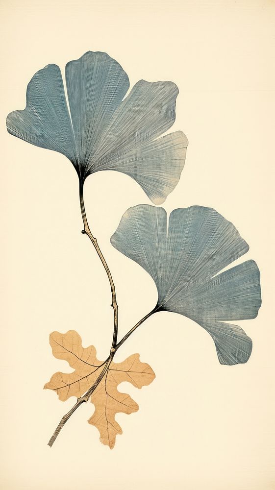 Japanese wood block print illustration of ginkgo leaf drawing sketch plant.