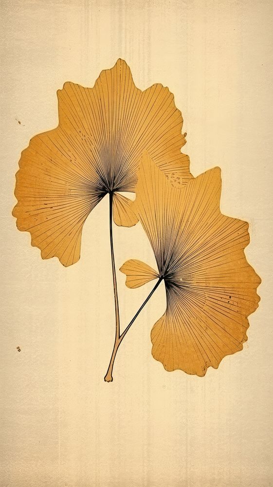 Japanese wood block print illustration of ginkgo leaf flower plant art.