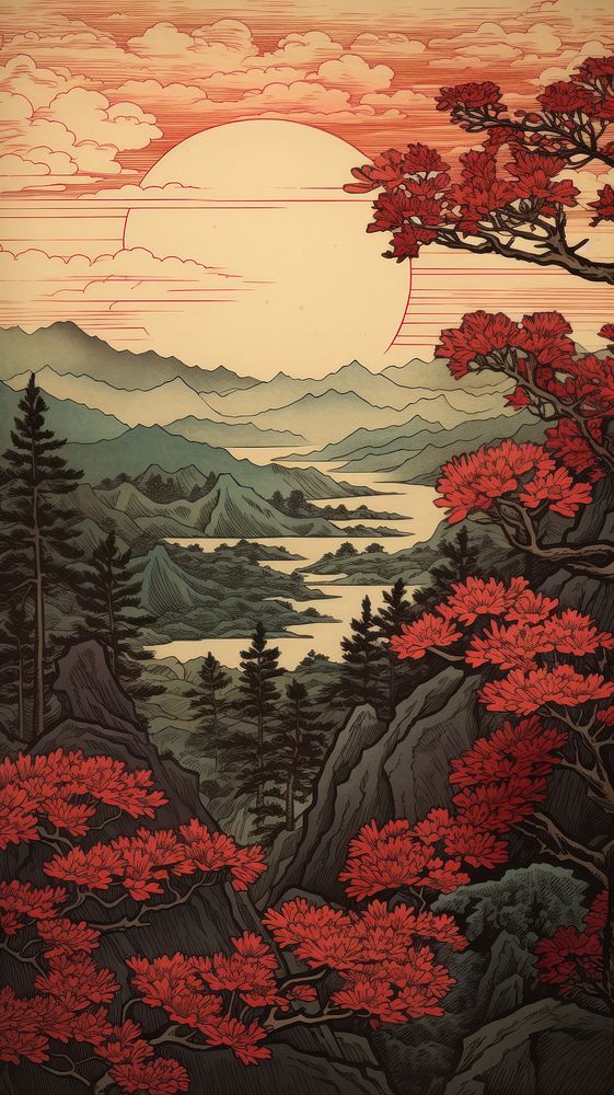 Japanese wood block print illustration of nature landscape mountain outdoors plant.