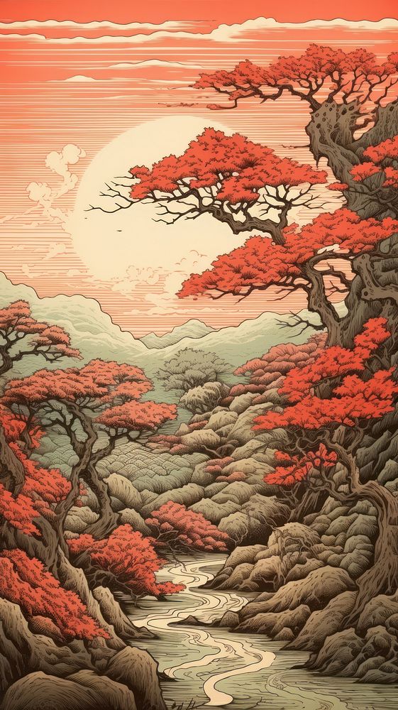 Japanese wood block print illustration of nature landscape outdoors plant tree.