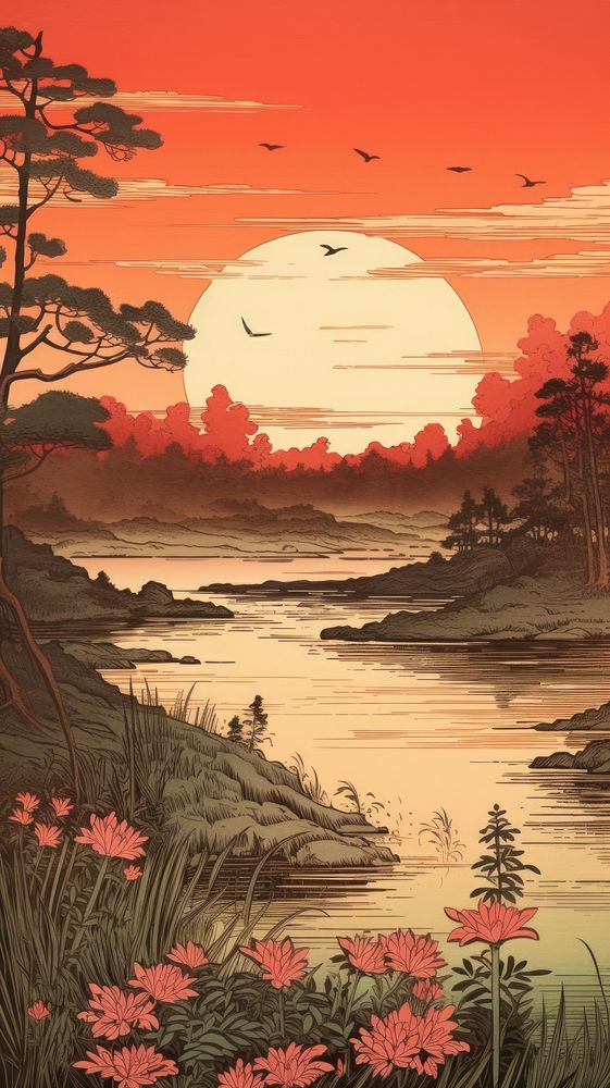 Japanese wood block print illustration of nature landscape outdoors sunset dawn.