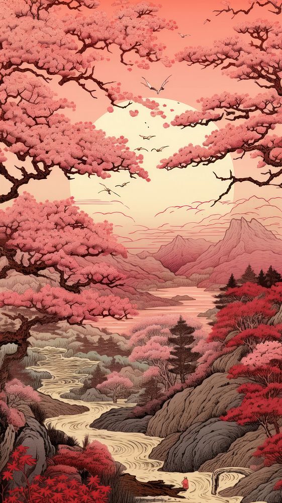 Japanese wood block print illustration of nature landscape outdoors plant tree.