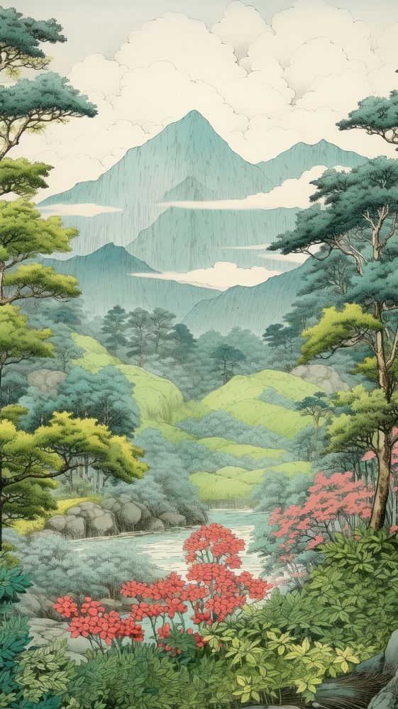 Japanese wood block print illustration of nature landscape wilderness mountain outdoors.
