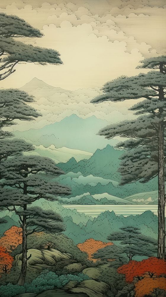 Japanese wood block print illustration of nature landscape wilderness outdoors painting.