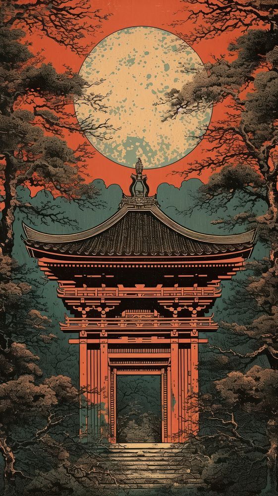 Japanese wood block print illustration of shrine gate spirituality architecture.