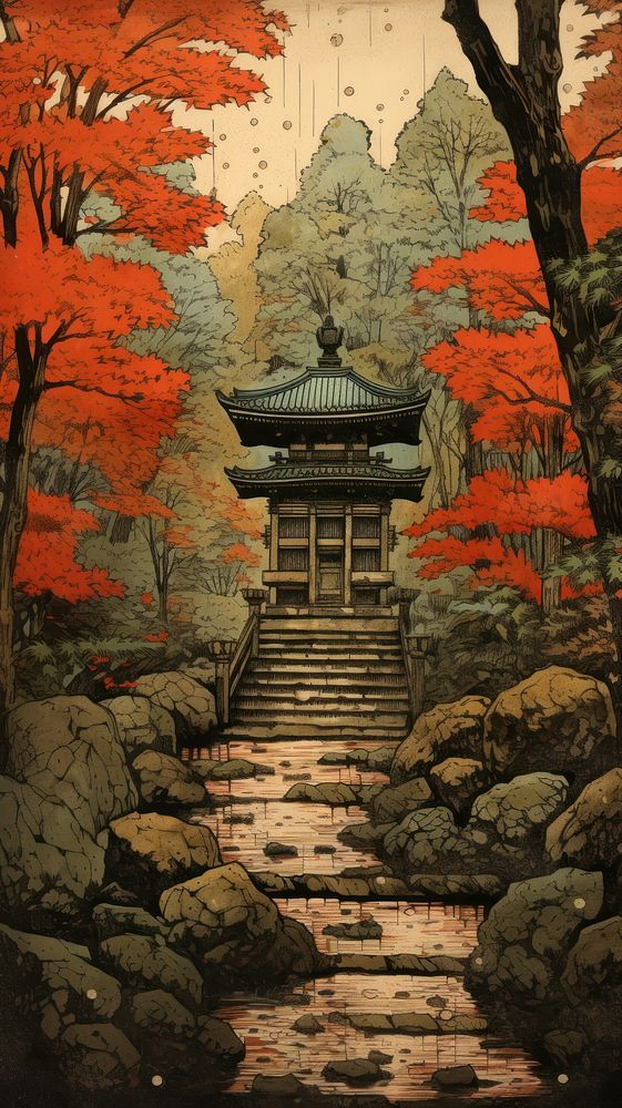 Japanese wood block print illustration of shrine outdoors autumn plant.