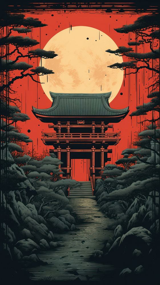 Japanese wood block print illustration of shrine spirituality architecture religion.