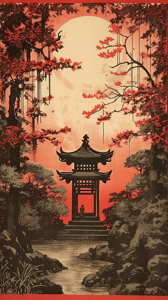 Japanese wood block print illustration of shrine autumn plant gate.